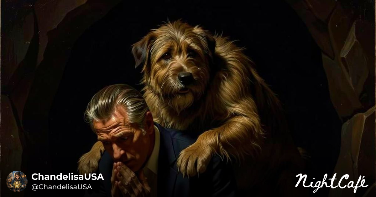 The Devil in Prayer with a Dog Climbing Over Him - AI Art