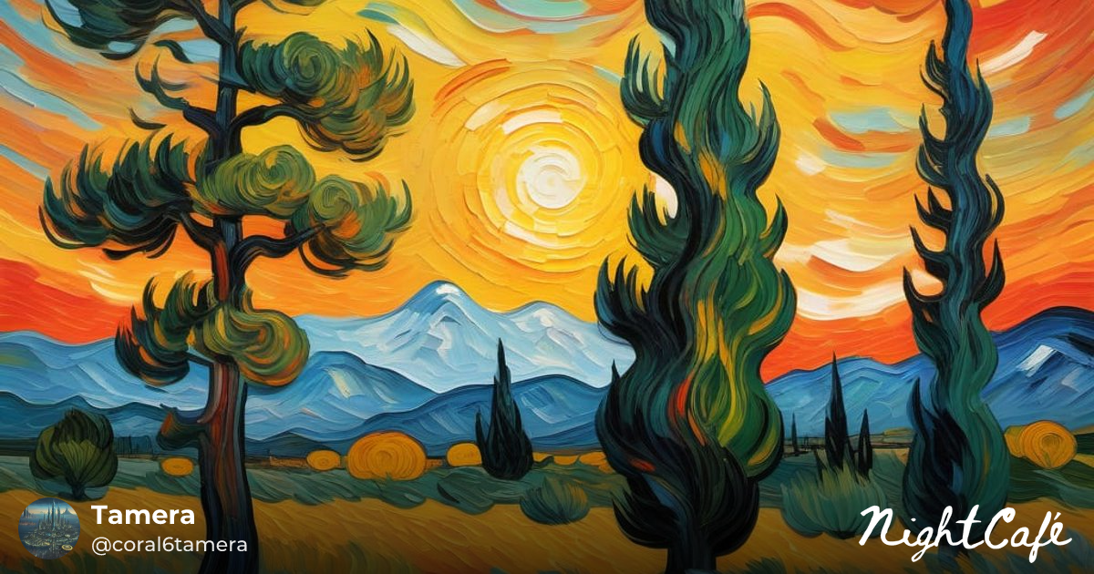 Vibrant Cypress Tree Landscape at Sunset in Post-I... - AI Art