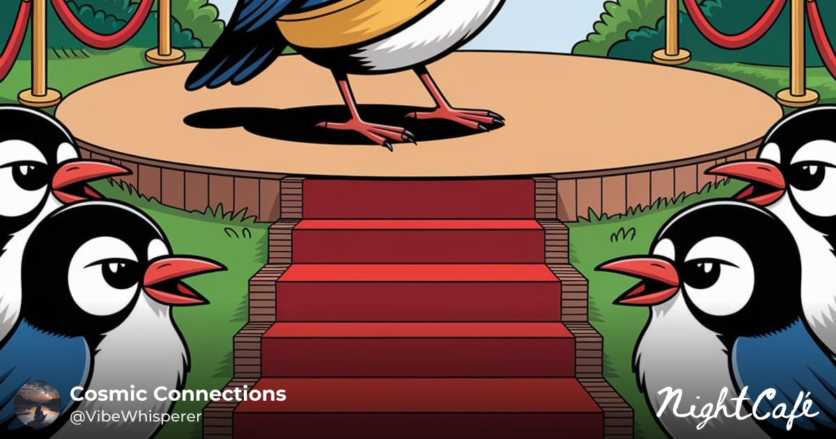 “A proud robin standing on a miniature stage, wearing a tiny golden ...