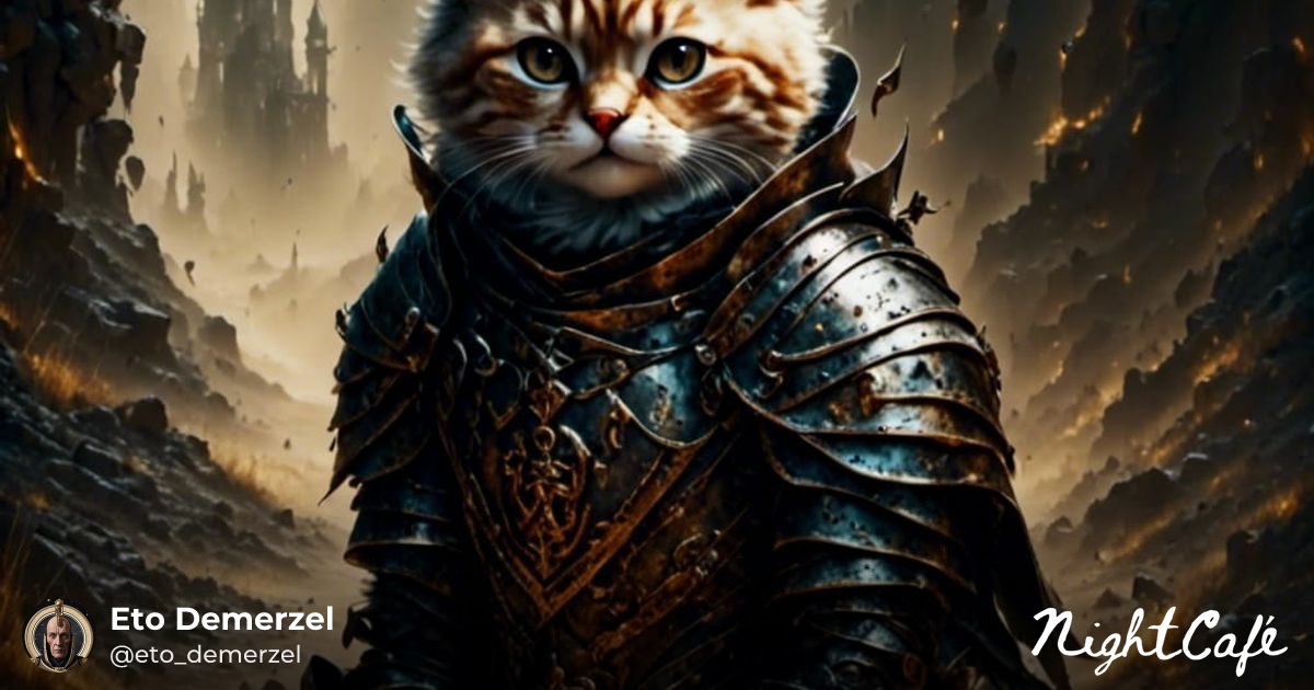 Cat in Crusader Armor with Glowing Runes - AI Art