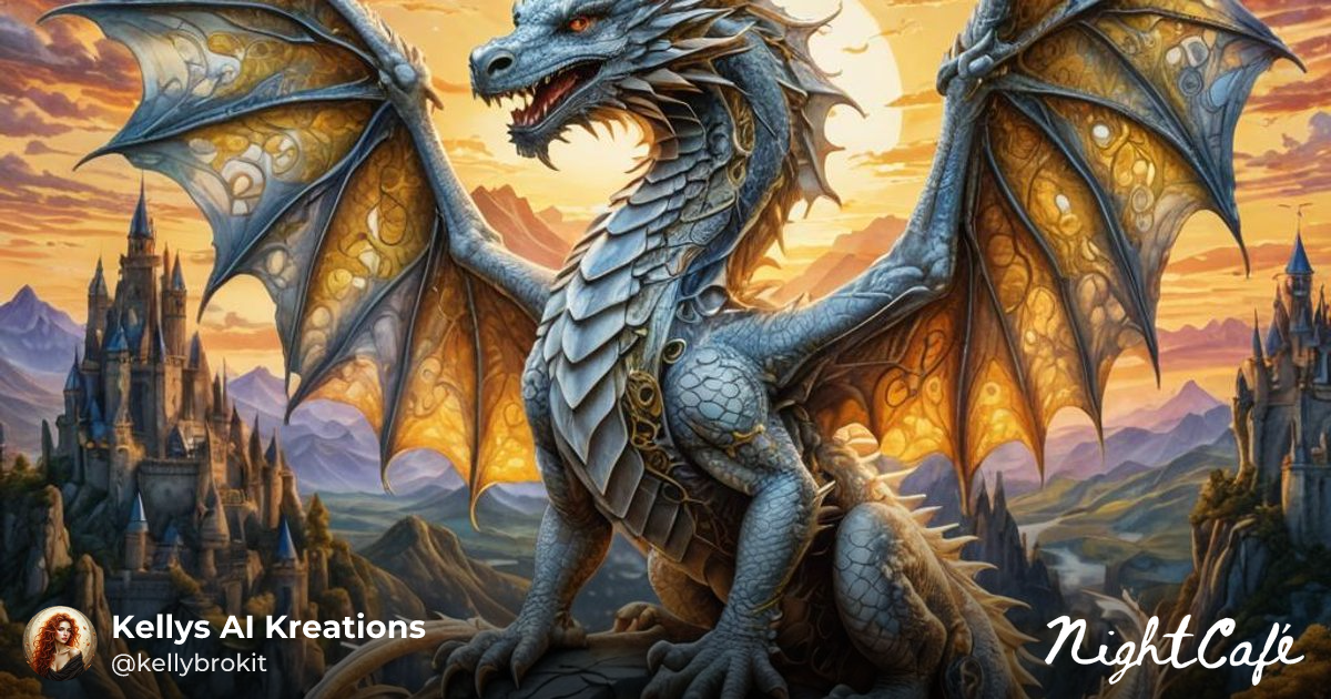 A white dragon (two wings) with gold filigree ins... - AI Art