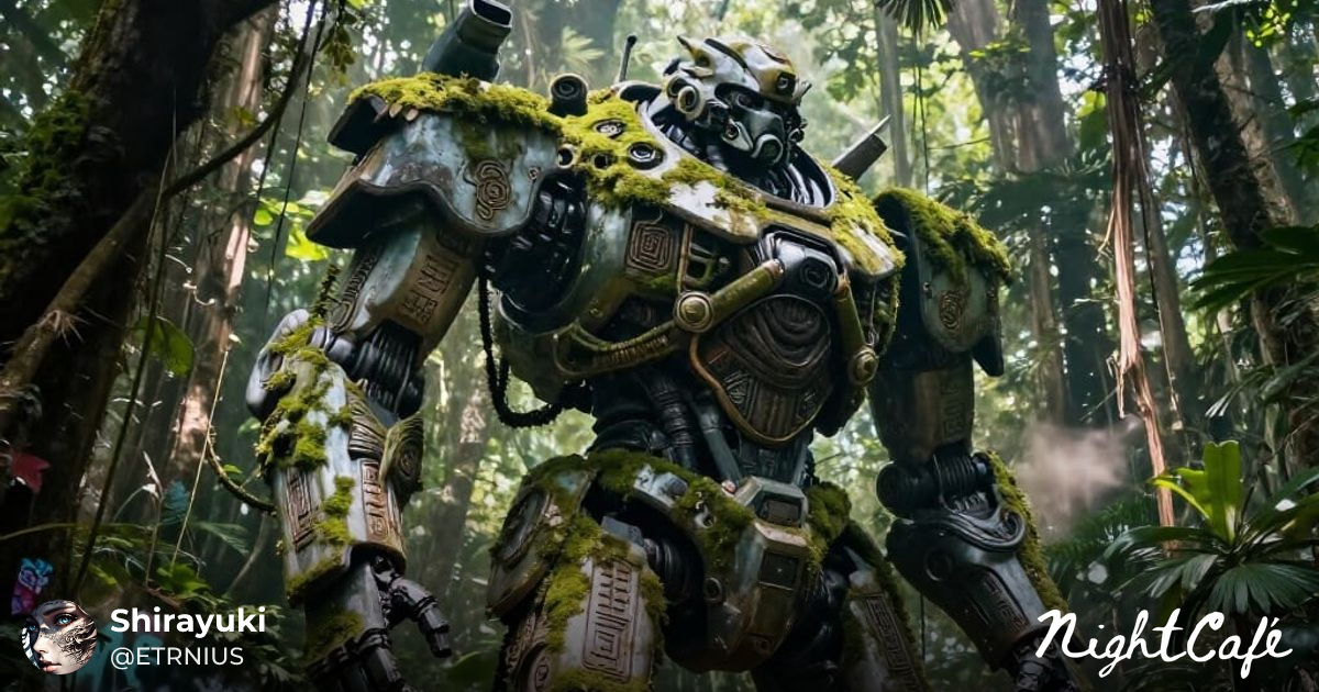 Ancient Mech in Overgrown Jungle, Street Art Style - AI Art