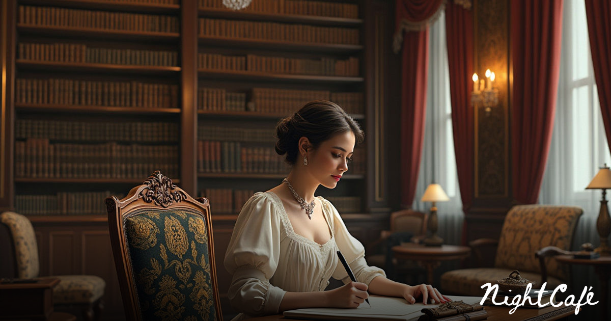 Elegant Woman in Rococo Library with Writing Desk - AI Art