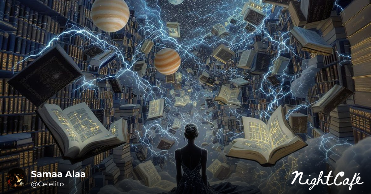 Woman in Floating Library with Orbiting Constellat... - AI Art