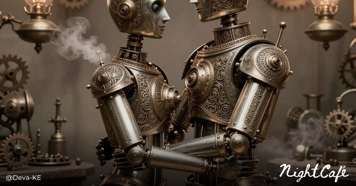 Steampunk Automatons Embrace in Victorian Workshop - AI Art