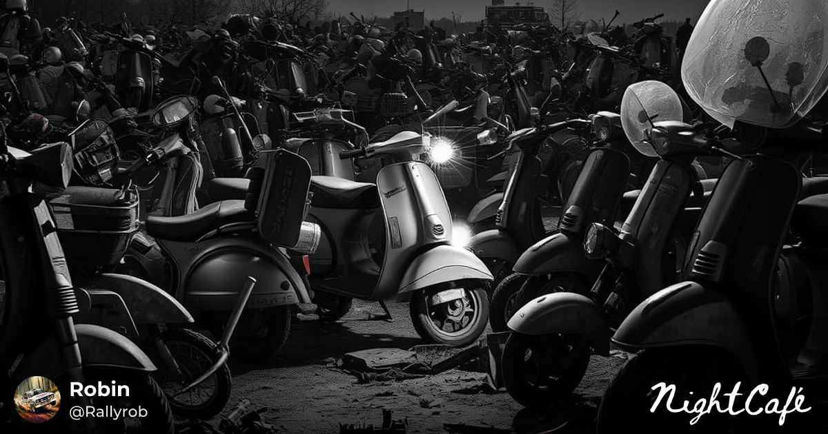 A sprawling mod scooter graveyard bathed in the eerie glow of a full ...