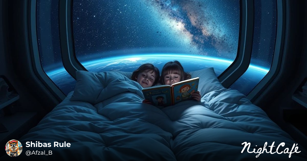 Children Reading in Space Station, Digital Illustr... - AI Art