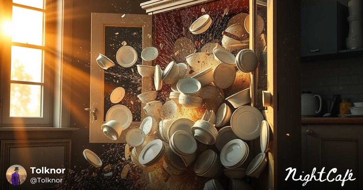 Exploding Kitchen Cabinet with Dishes Shattering - AI Art