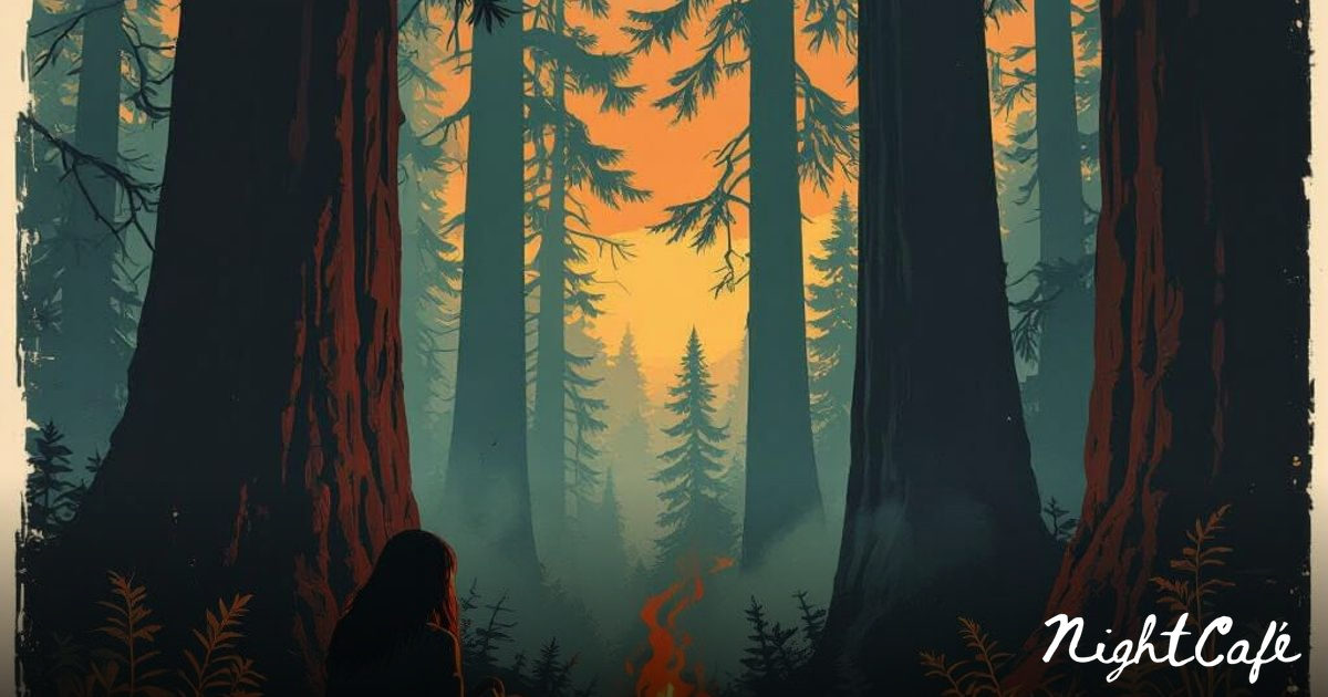 Eerie Campfire Scene in Redwood Forest at Dusk - AI Art