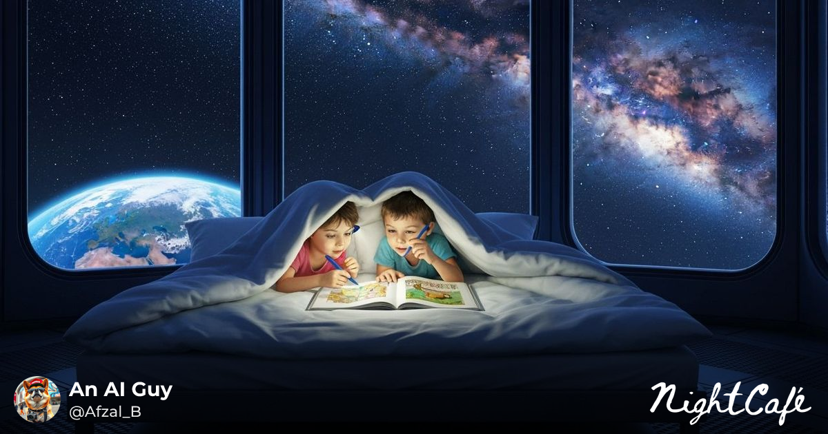 Children Reading in Space Station, Digital Art - AI Art
