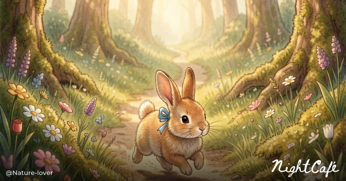 cute little rabbit - Fluffy Bunny with Blue Ribbon on Forest...