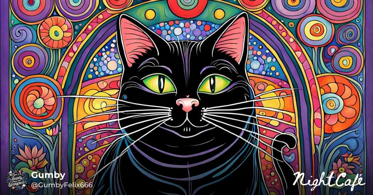 Maniacally Smiling - Grinning Black Cat in Louis Wain Style