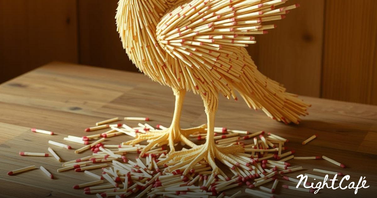 Elegant Matchstick Bird Sculpture on Wooden Table - AI Art