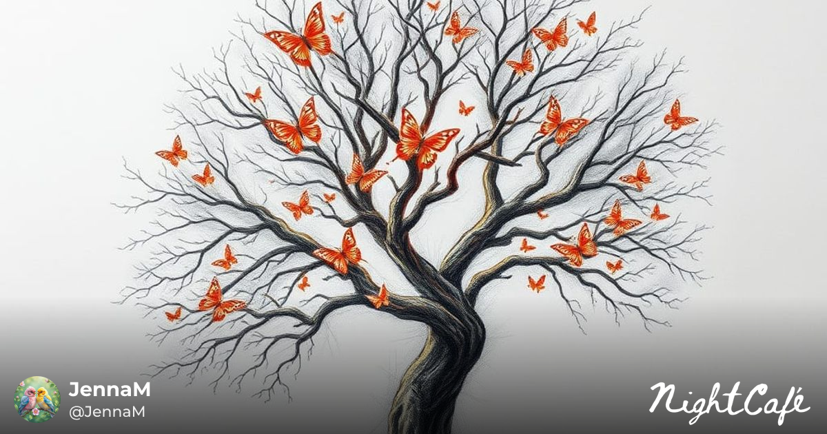 Fantastical Graphite Tree With Butterflies Detaile... - AI Art