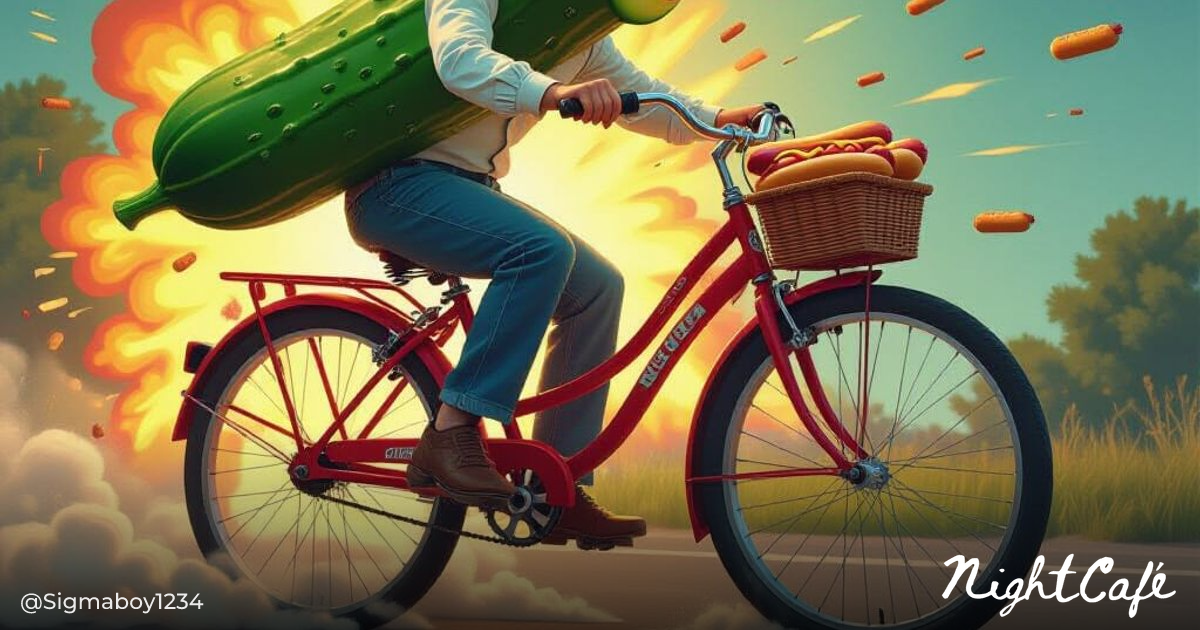 Sentient Cucumber Races Bike Eating Hotdogs - AI Art