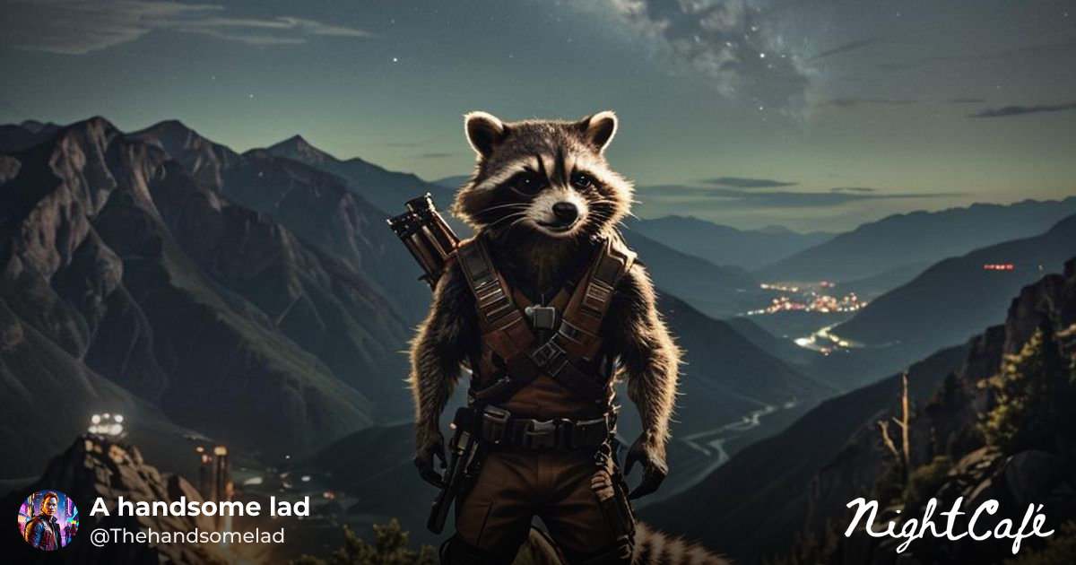 Rocket Raccoon in Mountain Range at Night - AI Art