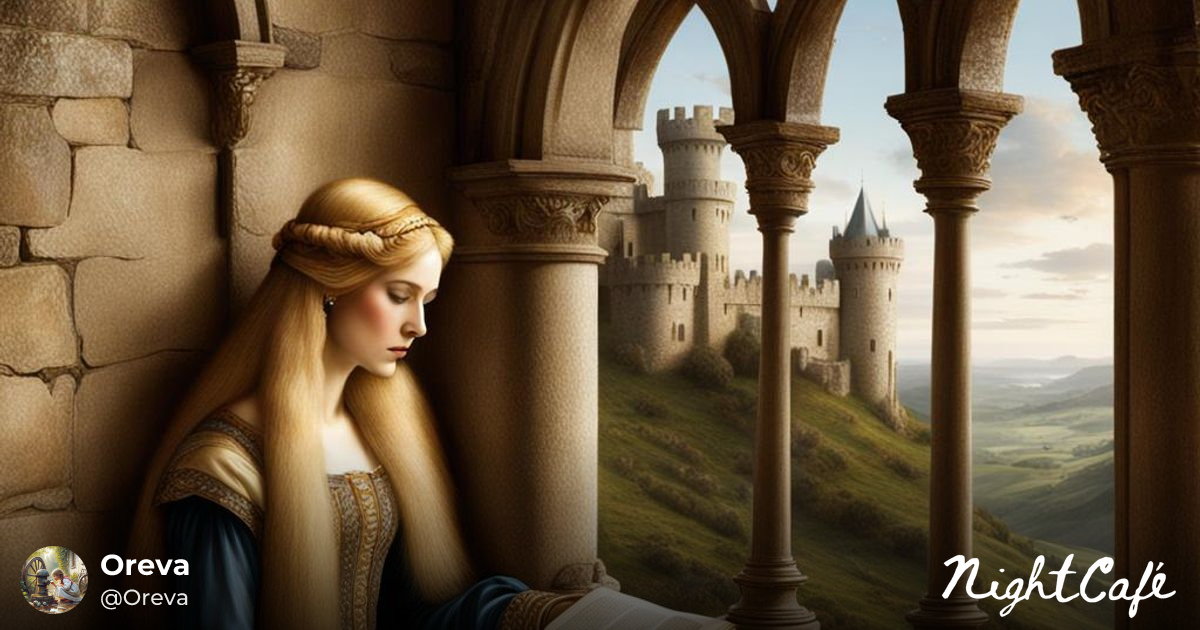 Pre-Raphaelite style, blond lady reading in a castle