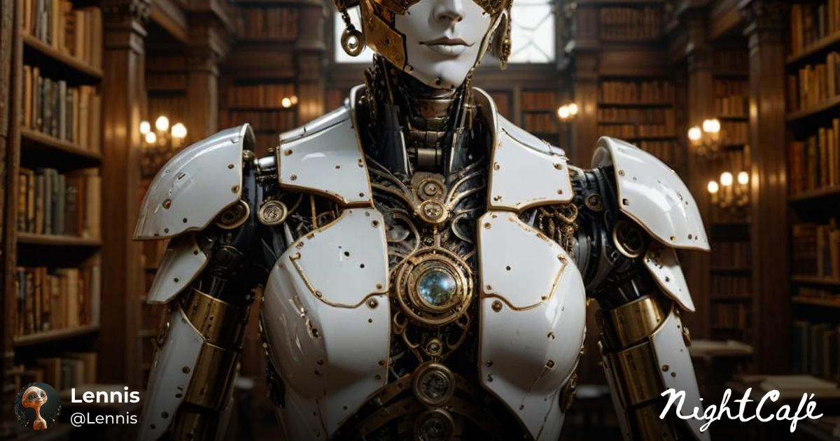 Android Butler in Steampunk Library, Luis Royo Sty... - AI Art
