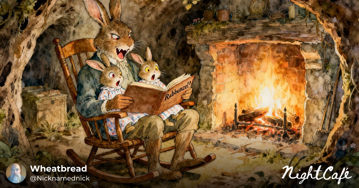 Father Rabbit Reads 'Rabbunzel!' to Bunnies - AI Art