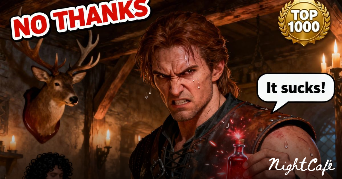 Mercenary Holds Exploding Vial in Dark Tavern - AI Art