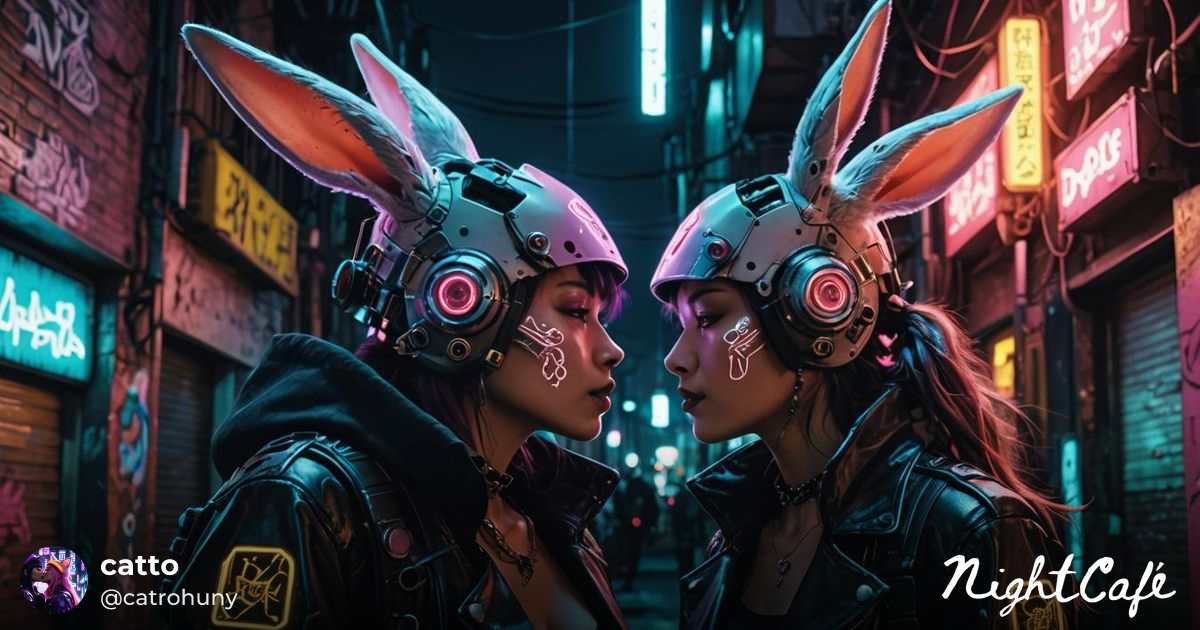 Cyberpunk Cyborg Rabbits Kissing in Neon Alley - AI Art
