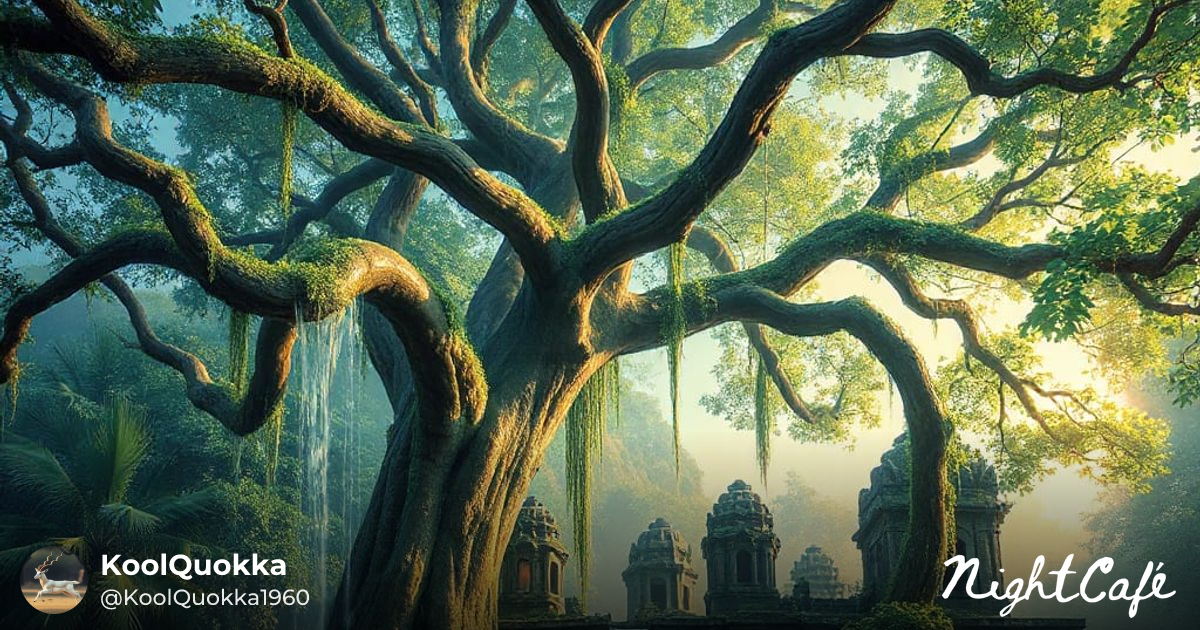 Mystical Banyan Tree Coiling Around Jungle Temple - AI Art