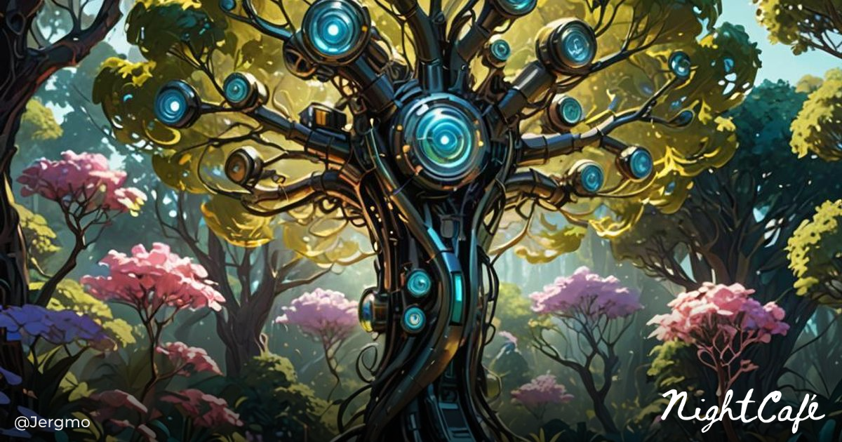 Sentient Machine Tree in Cosmic Garden Concept Art - AI Art